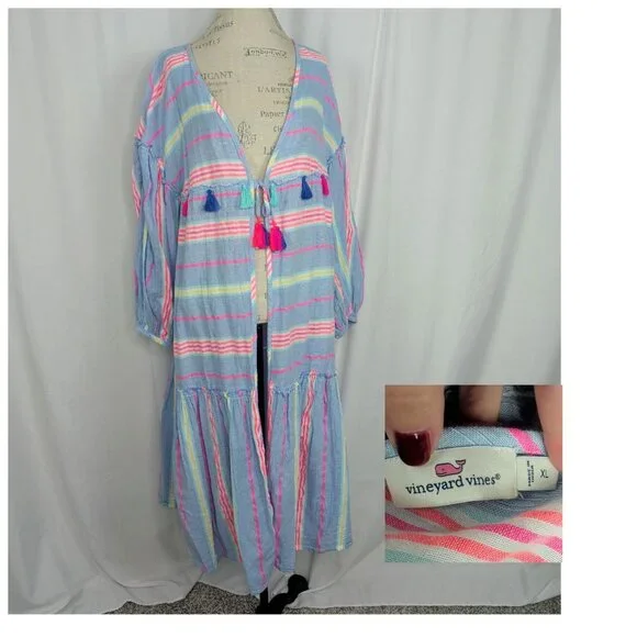 Vineyard Vines Swim Cover Up X Large Maxi Blue Striped Tassels - Picture 2 of 12
